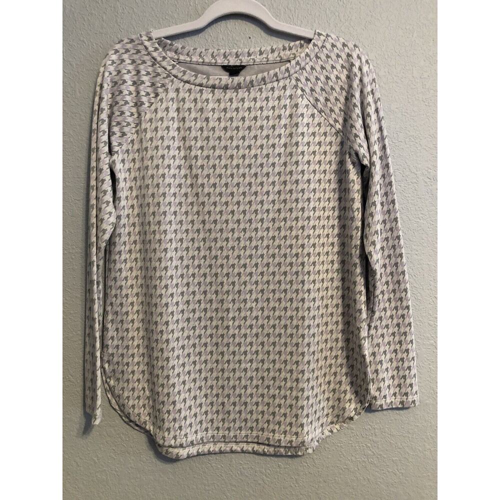 Ann Taylor Womens Top Small Beige‎ Long Sleeve Geometric Print Shirt Pullover